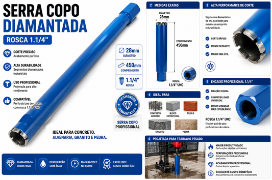Serra Copo Coroa Diamantada Perfuratriz 28x450 1.1/4